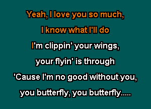 Yeah, I love you so much,
lknow what I'll do
I'm clippin' your wings,

your flyin' is through

'Cause I'm no good withoutyou,

you butterfly, you butterfly .....