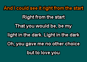 And I could see it right from the start
Right from the start
That you would be, be my
light in the dark. Light in the dark
Oh, you gave me no other choice

but to love you