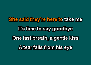 She said theyWe here to take me

It's time to say goodbye

One last breath, a gentle kiss

Atear falls from his eye