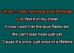 Oh oh... I may not know a lot ofthings
but I feel it in my chest
Know I won't let the blue flame die
We can't lose hopejust yet

'Cause it's once,just once in a lifetime