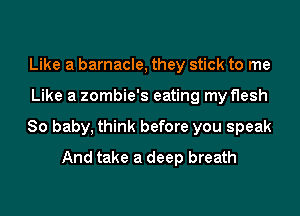 Like a barnacle, they stick to me

Like a zombie's eating my flesh

80 baby, think before you speak
And take a deep breath