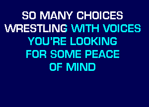 SO MANY CHOICES
WRESTLING WITH VOICES
YOU'RE LOOKING
FOR SOME PEACE
OF MIND