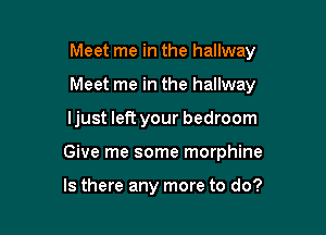 Meet me in the hallway

Meet me in the hallway

ljust left your bedroom

Give me some morphine

Is there any more to do?