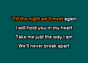 'Till the night we'll meet again

I will hold you in my heart

Take me just the way I am

We'll never break apart