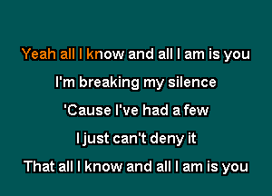 Yeah all I know and all I am is you
I'm breaking my silence
'Cause I've had a few

ljust can't deny it

That all I know and all I am is you