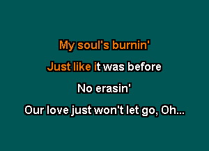 My soul's burnin'
Just like it was before

No erasin'

Our lovejust won't let go, Oh...