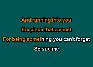 And running into you

the place that we met

For being something you can't forget

So sue me