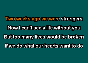 Two weeks ago we were strangers
Now I can't see a life without you
But too many lives would be broken

If we do what our hearts want to do