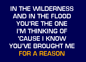 IN THE WILDERNESS
AND IN THE FLOOD
YOU'RE THE ONE
I'M THINKING 0F
'CAUSE I KNOW
YOU'VE BROUGHT ME
FOR A REASON