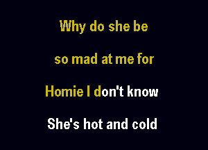 Why do she be

so mad at me for

Homie I don't know

She's hot and cold