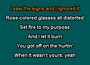 I saw the signs and I ignored it
Rose-colored glasses all distorted
Set the to my purpose
And I let it burn
You got off on the hurtin'

When it waswt yours, yeah