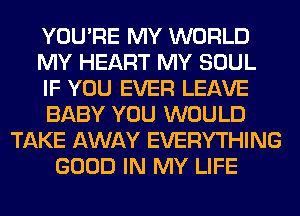 YOU'RE MY WORLD
MY HEART MY SOUL
IF YOU EVER LEAVE
BABY YOU WOULD
TAKE AWAY EVERYTHING
GOOD IN MY LIFE