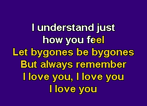 I understand just
how you feel
Let bygones be bygones

But always remember
I love you, I love you
I love you