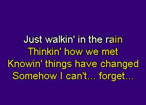 Just walkin' in the rain
Thinkin' how we met

Knowin' things have changed
Somehow I can't... forget...