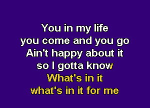 You in my life
you come and you go
Ain't happy about it

so I gotta know
What's in it
what's in it for me