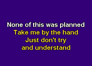 None of this was planned
Take me by the hand

Just don't try
and understand