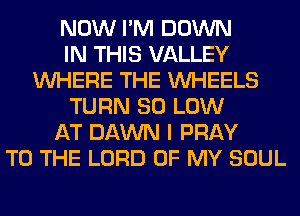 NOW I'M DOWN
IN THIS VALLEY
WHERE THE WHEELS
TURN 80 LOW
AT DAWN I PRAY
TO THE LORD OF MY SOUL