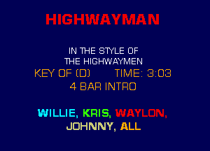 IN THE STYLE OF
THE HIGHWAYMEN

KEY OF (DJ TIME 303
4 BAR INTRO

WILLIE, KRIS,
JOHNNY, ALL