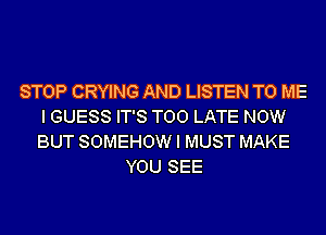 STOP CRYING AND LISTEN TO ME
I GUESS IT'S TOO LATE NOW
BUT SOMEHOW I MUST MAKE

YOU SEE