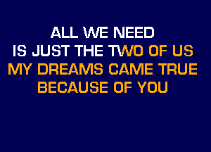 ALL WE NEED
IS JUST THE TWO OF US
MY DREAMS CAME TRUE
BECAUSE OF YOU