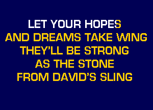 LET YOUR HOPES
AND DREAMS TAKE WING
THEY'LL BE STRONG
AS THE STONE
FROM DAVID'S SLING