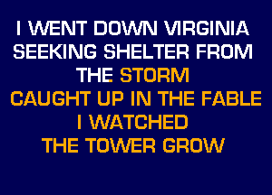 I WENT DOWN VIRGINIA
SEEKING SHELTER FROM
THE STORM
CAUGHT UP IN THE FABLE
I WATCHED
THE TOWER GROW
