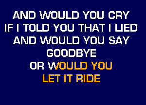 AND WOULD YOU CRY
IF I TOLD YOU THAT I LIED
AND WOULD YOU SAY
GOODBYE
0R WOULD YOU
LET IT RIDE