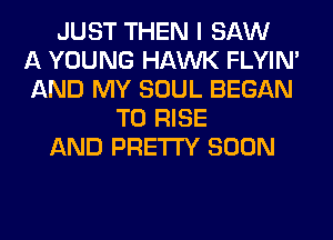 JUST THEN I SAW
A YOUNG HAWK FLYIN'
AND MY SOUL BEGAN
T0 RISE
AND PRETTY SOON