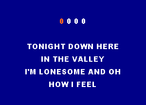 0000

TONIGHT DOWN HERE

IN THE VALLEY
I'M LONESOME AND 0H
HOWI FEEL