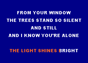 FROM YOUR WINDOW
THE TREES STAND 80 SILENT
AND STILL
AND I KNOW YOU'RE ALONE

THE LIGHT SHINES BRIGHT