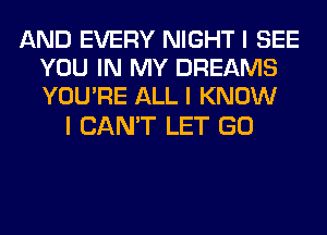 AND EVERY NIGHT I SEE
YOU IN MY DREAMS
YOU'RE ALL I KNOW

I CAN'T LET GO