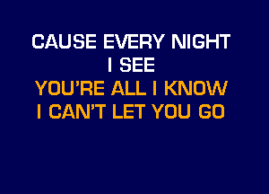 CAUSE EVERY NIGHT
I SEE
YOU'RE ALL I KNOW

I CAN'T LET YOU GO