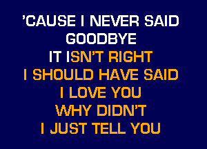 'CAUSE I NEVER SAID
GOODBYE
IT ISNIT RIGHT
I SHOULD HAVE SAID
I LOVE YOU
WHY DIDN'T
I JUST TELL YOU