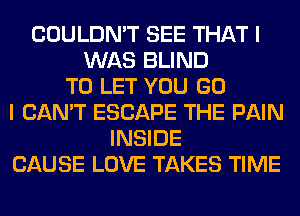 COULDN'T SEE THAT I
WAS BLIND
TO LET YOU GO
I CAN'T ESCAPE THE PAIN
INSIDE
CAUSE LOVE TAKES TIME