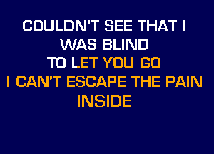 COULDN'T SEE THAT I
WAS BLIND
TO LET YOU GO
I CAN'T ESCAPE THE PAIN

INSIDE