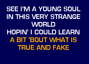 SEE I'M A YOUNG SOUL
IN THIS VERY STRANGE
WORLD
HOPIN' I COULD LEARN
A BIT 'BOUT WHAT IS
TRUE AND FAKE