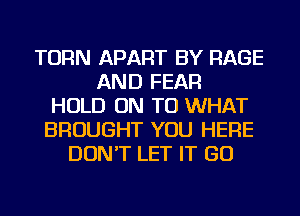 TURN APART BY RAGE
AND FEAR
HOLD ON TO WHAT
BROUGHT YOU HERE
DON'T LET IT GO