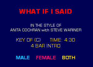 IN THE SWLE OF
ANITA CUCHRAN with STEVE WARINER

KEY OF (C) TIME 4130
4 BAR INTRO

MALE BOTH