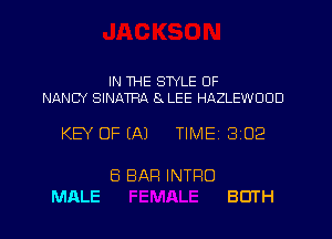 IN THE STYLE OF

NANCY SINMRA 8 LEE HAZLEWDOD

KEY OF (A)

MALE

6 BAR INTRO

TIMEI

302

BOTH