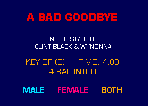 IN THE SWLE OF
CLINT BLACK 8 WYNONNA

KEY OF ECJ TIMEI 400
4 BAR INTRO

MALE BUTH