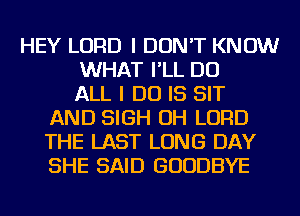 HEY LORD I DON'T KNOW
WHAT I'LL DO
ALL I DO IS SIT
AND SIGH OH LORD
THE LAST LONG DAY
SHE SAID GOODBYE