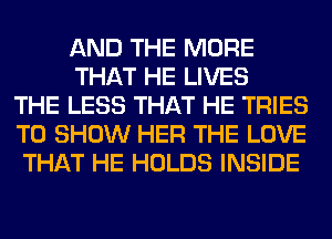 AND THE MORE
THAT HE LIVES
THE LESS THAT HE TRIES
TO SHOW HER THE LOVE
THAT HE HOLDS INSIDE