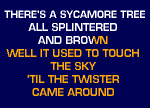 THERE'S A SYCAMORE TREE
ALL SPLINTERED
AND BROWN
WELL IT USED TO TOUCH
THE SKY
'TIL THE TUVISTER
CAME AROUND