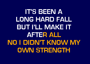 ITS BEEN A
LONG HARD FALL
BUT I'LL MAKE IT

AFTER ALL

NO I DIDN'T KNOW MY
OWN STRENGTH