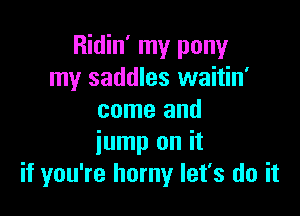 Ridin' my pony
my saddles waitin'

come and
iump on it
if you're horny let's do it