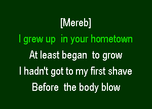 lMerebl
I grew up in your hometown

At least began to grow
I hadn't got to my first shave
Before the body blow
