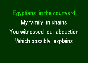 Egyptians in the courtyard
My family in chains

You witnessed our abduction
Which possibly explains