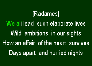 IRadamesl
We all lead such elaborate lives
Wild ambitions in our sights
How an affair of the heart survives
Days apart and hurried nights