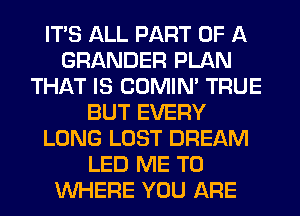 ITS ALL PART OF A
GRANDER PLAN
THAT IS COMIM TRUE
BUT EVERY
LONG LOST DREAM
LED ME TO
WHERE YOU ARE