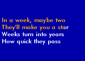 In a week, maybe iwo
They'll make you a star
Weeks turn into years
How quick they pass